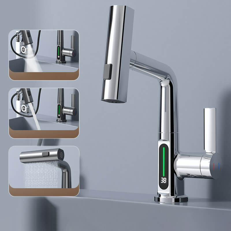 Flexible Kitchen and Bathroom Faucet with LED Temperature Display and Retractable Hose