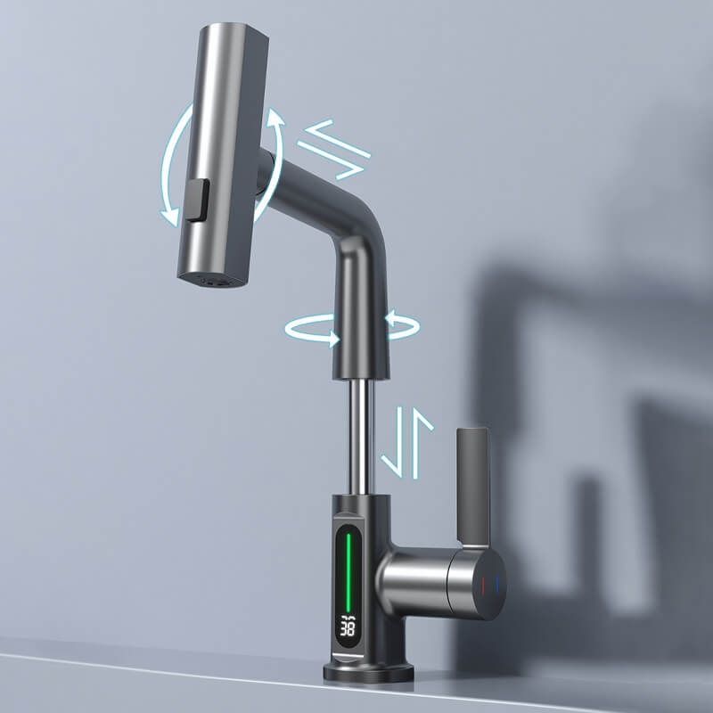 Flexible Kitchen and Bathroom Faucet with LED Temperature Display and Retractable Hose