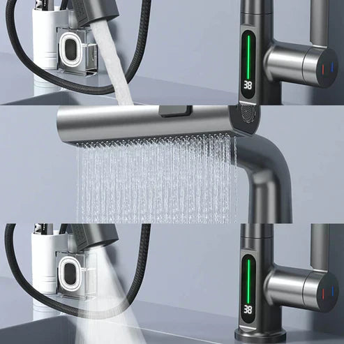 Flexible Kitchen and Bathroom Faucet with LED Temperature Display and Retractable Hose