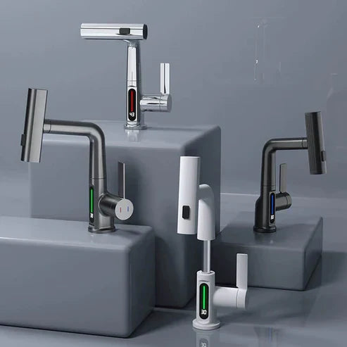 Flexible Kitchen and Bathroom Faucet with LED Temperature Display and Retractable Hose