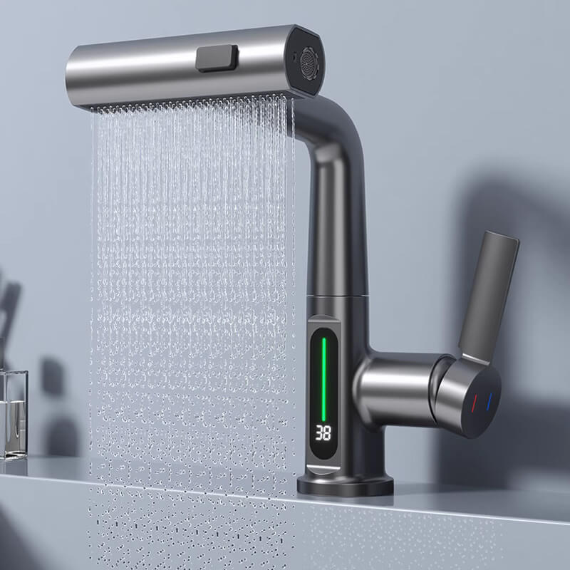 Flexible Kitchen and Bathroom Faucet with LED Temperature Display and Retractable Hose