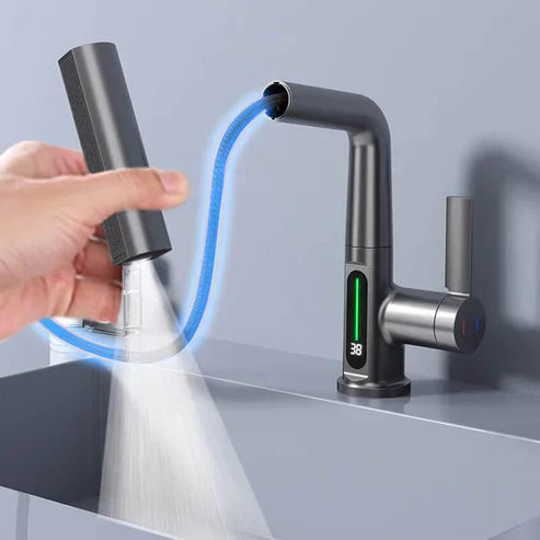 Flexible Kitchen and Bathroom Faucet with LED Temperature Display and Retractable Hose