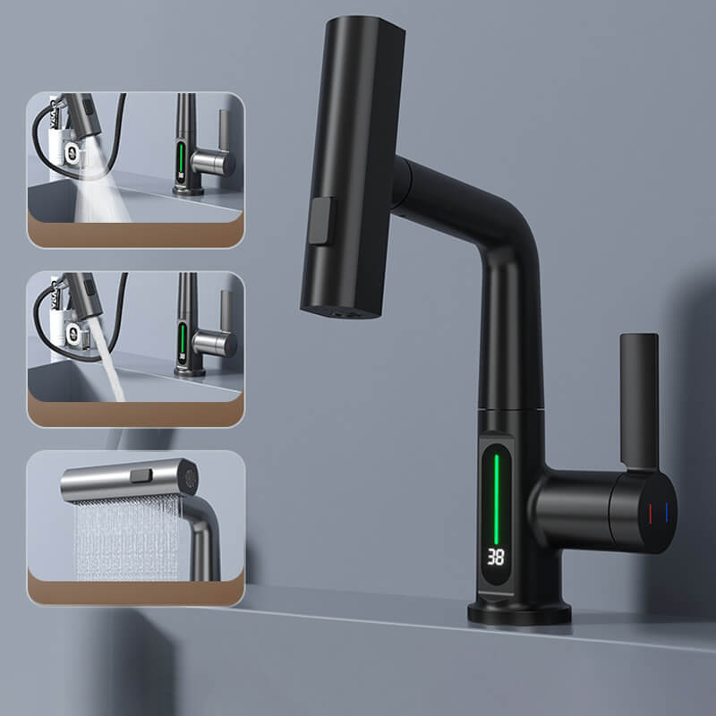 Flexible Kitchen and Bathroom Faucet with LED Temperature Display and Retractable Hose