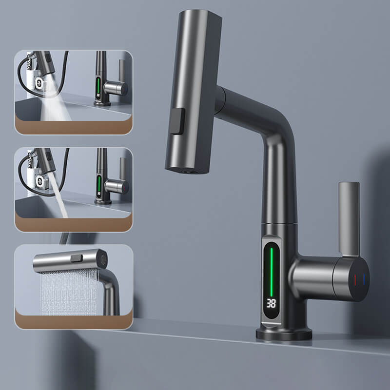 Flexible Kitchen and Bathroom Faucet with LED Temperature Display and Retractable Hose