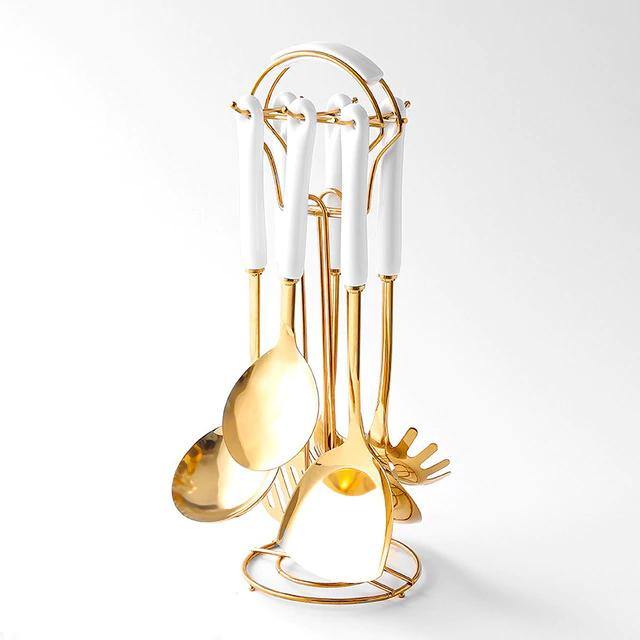 Golden Stainless Steel Kitchen Utensil Set with Ceramic Handles and Stand