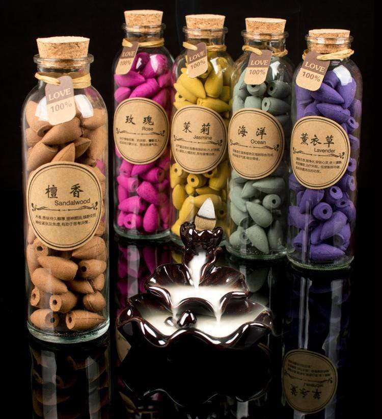 Backflow Incense Cones Glass Bottle - 60 Pure Essential Oil Scents