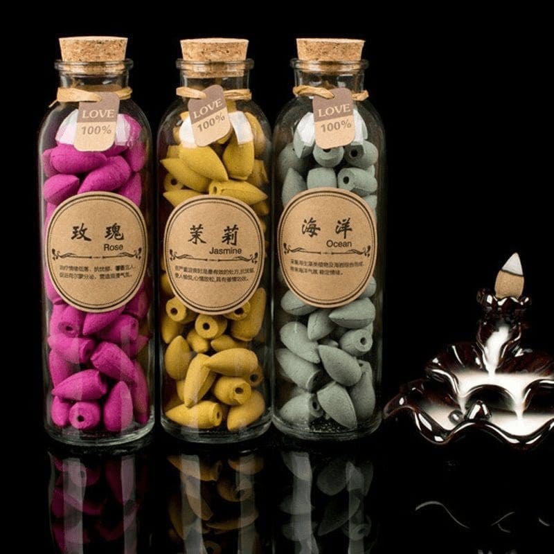 Backflow Incense Cones Glass Bottle - 60 Pure Essential Oil Scents