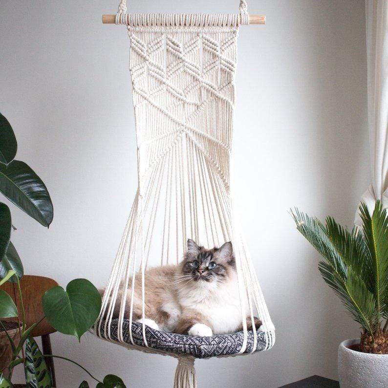 Handcrafted Macrame Cat Bed in White Cotton Rope