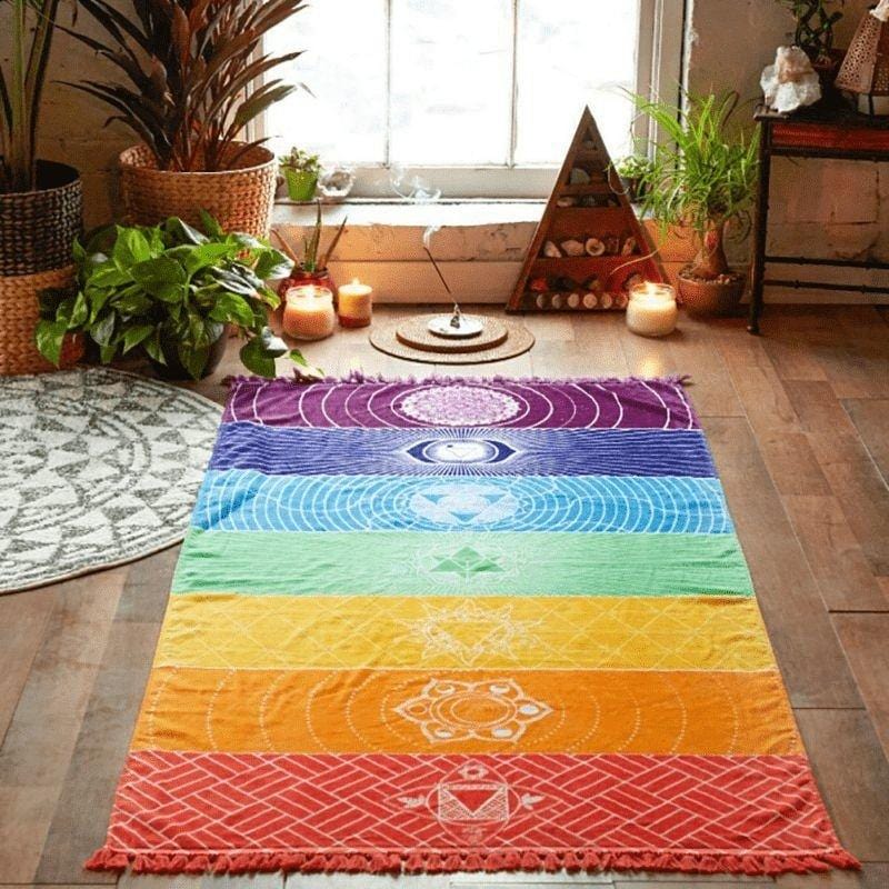7 Chakra Rainbow Cotton Yoga Mat with Tassels