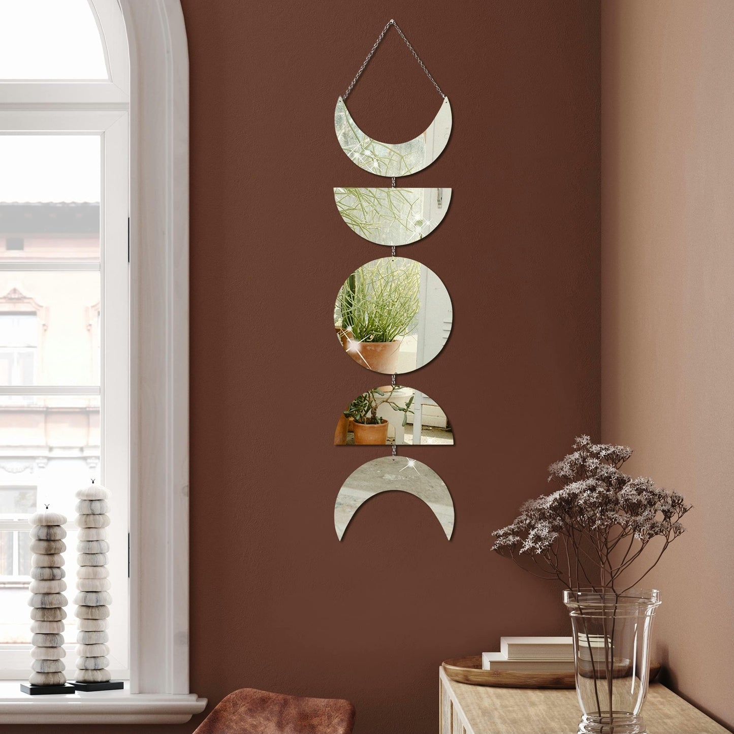 Acrylic Moon Phases Mirror Wall Hanging with Chain