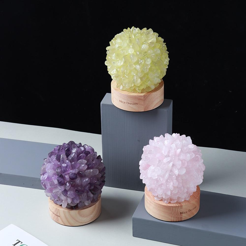 Aventurine Quartz Crystal Table Lamp with Wooden Base