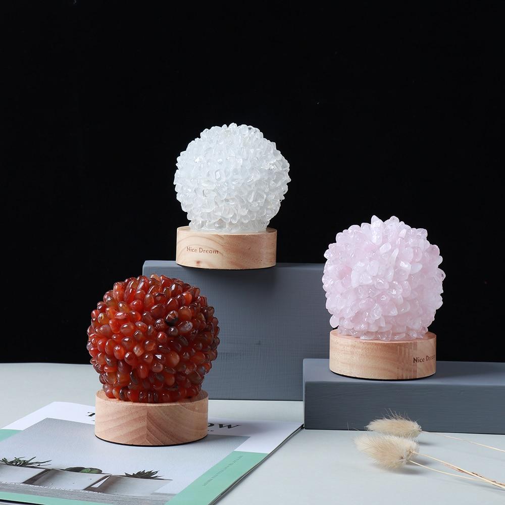 Aventurine Quartz Crystal Table Lamp with Wooden Base