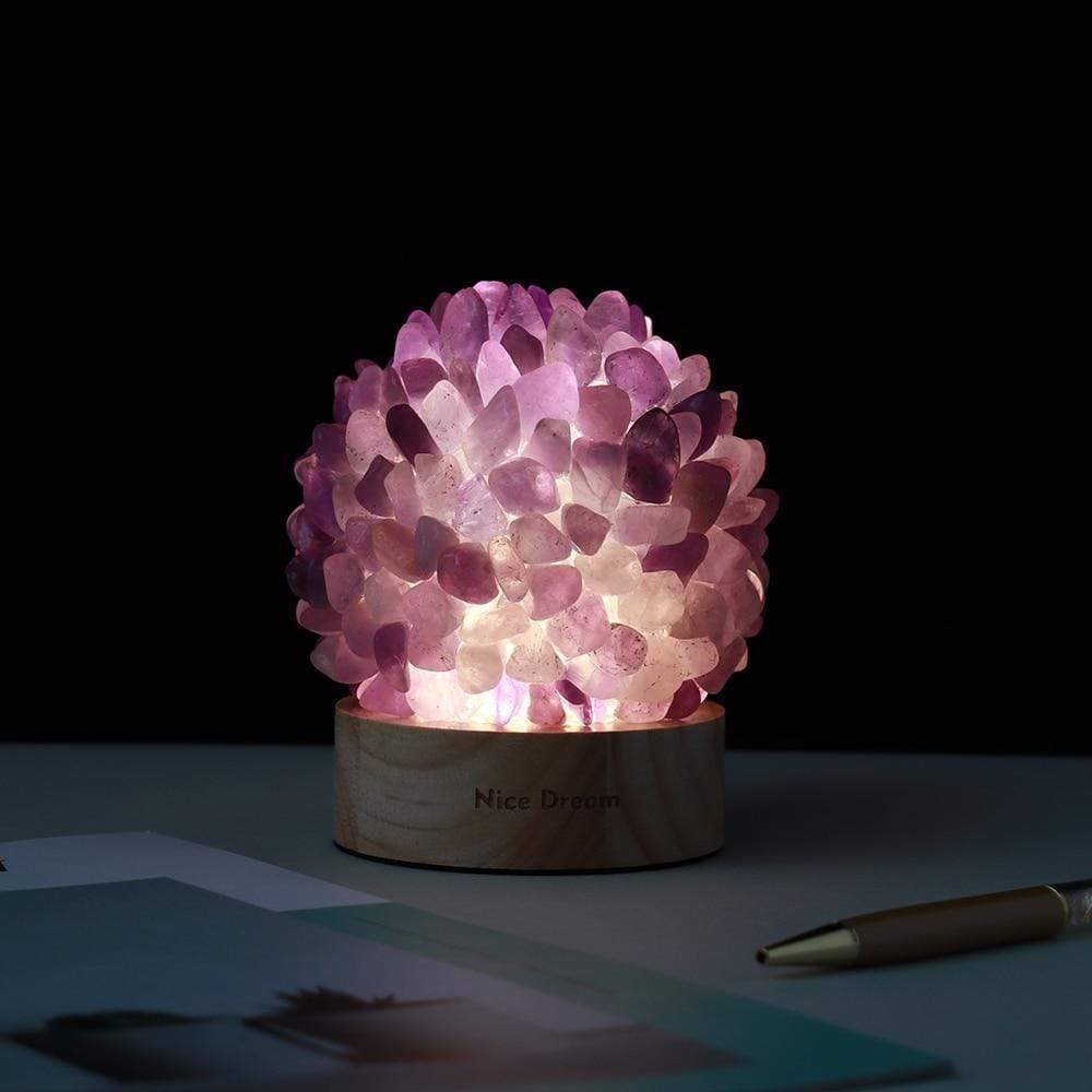 Aventurine Quartz Crystal Table Lamp with Wooden Base