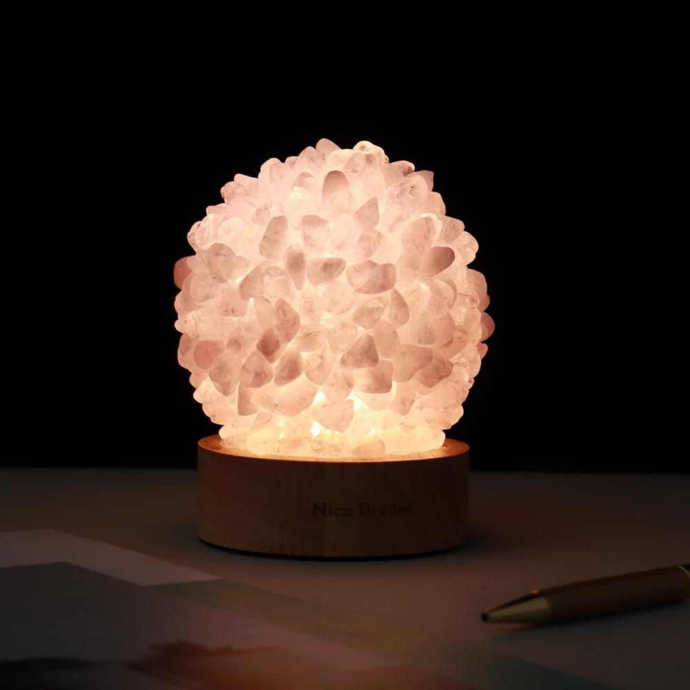 Aventurine Quartz Crystal Table Lamp with Wooden Base