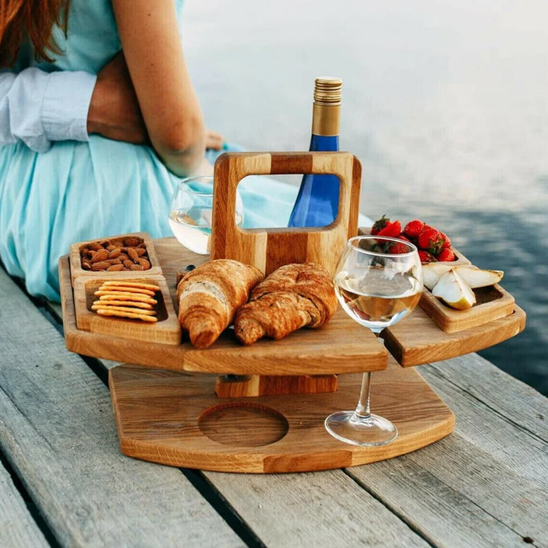 Portable Wooden Picnic Wine Table with Snack and Glass Holders