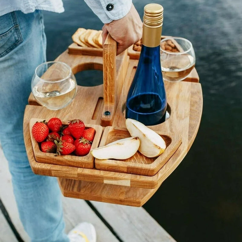 Portable Wooden Picnic Wine Table with Snack and Glass Holders