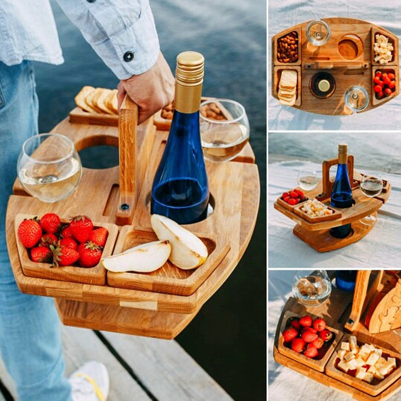 Portable Wooden Picnic Wine Table with Snack and Glass Holders