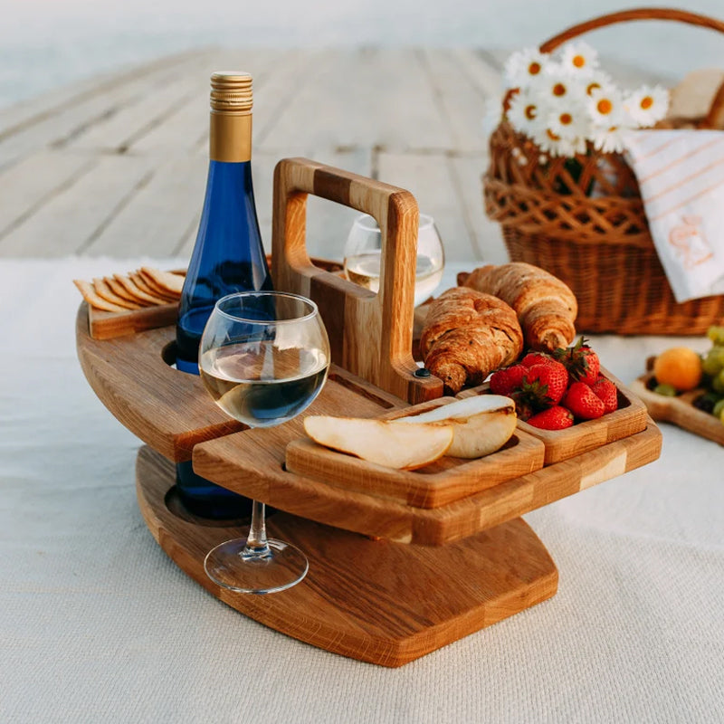Portable Wooden Picnic Wine Table with Snack and Glass Holders