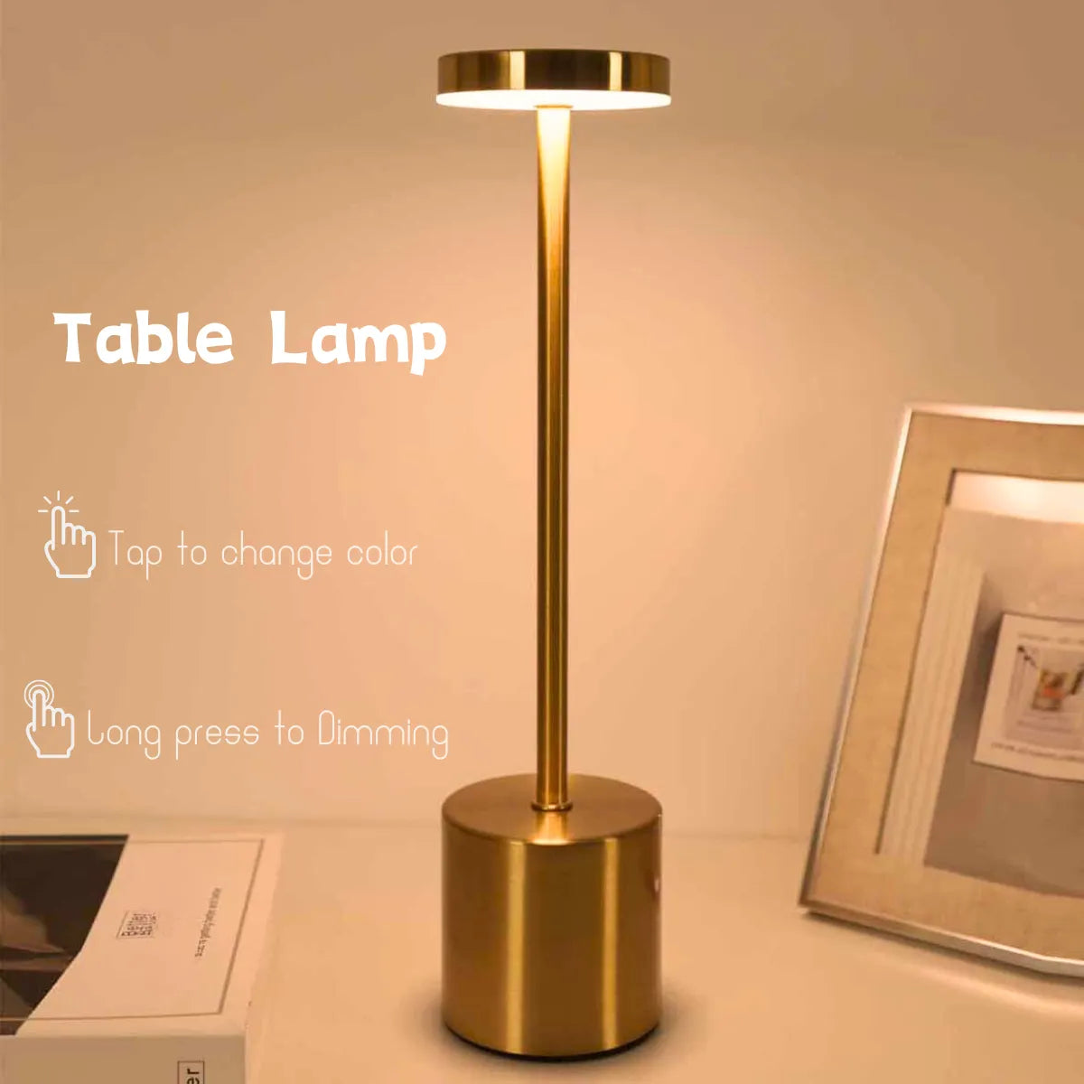 Wireless Rechargeable LED Table Lamp with Adjustable Brightness and Chrome Finish