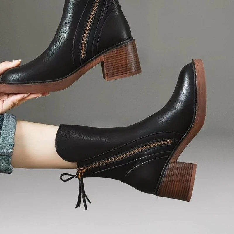 Elegant Women's Zip Ankle Boots with Block Heel