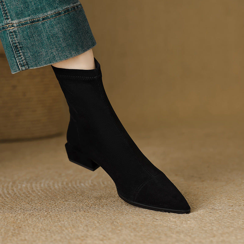 Pointed Toe Block Heel Sock Ankle Boots for Women