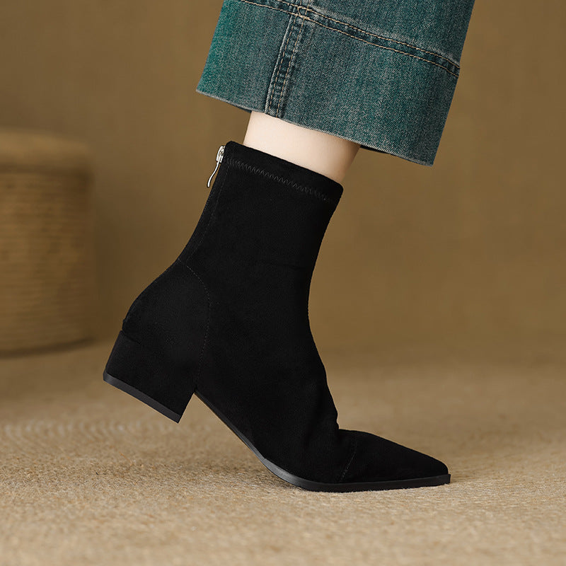 Pointed Toe Block Heel Sock Ankle Boots for Women