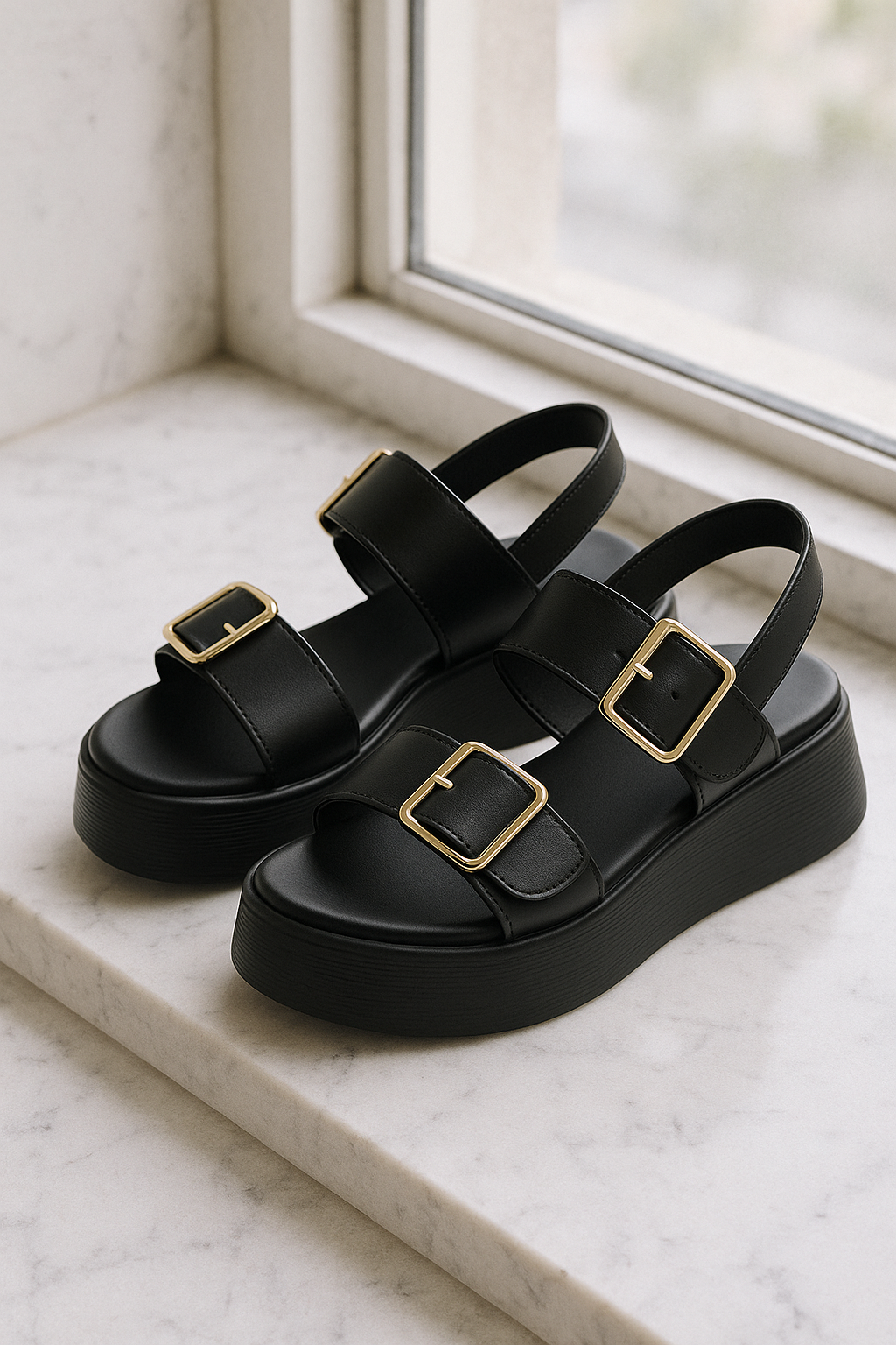 Double Buckle Platform Sandals with Cushioned Footbed