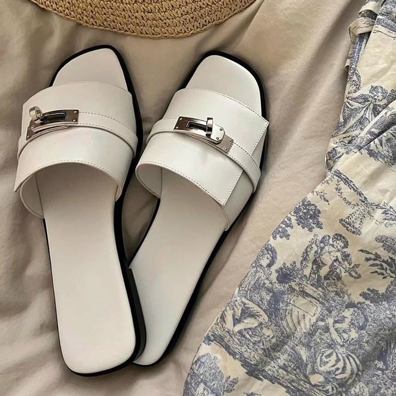 Elegant Square Toe Women's Slides with Metallic Buckle
