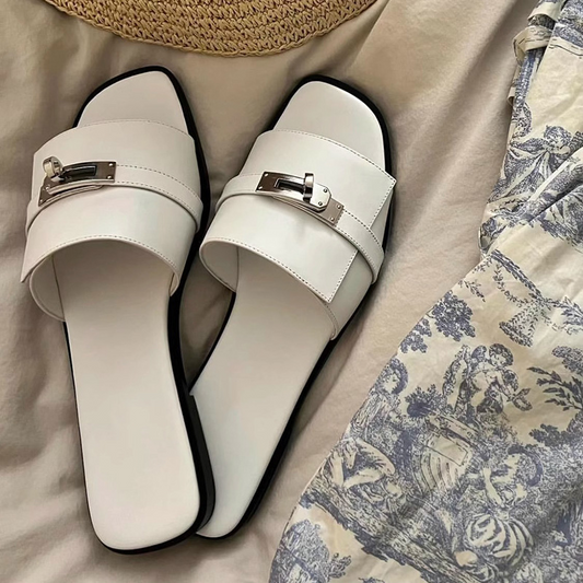 Elegant Square Toe Women's Slides with Metallic Buckle