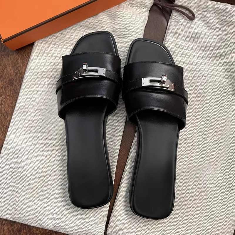 Elegant Square Toe Women's Slides with Metallic Buckle
