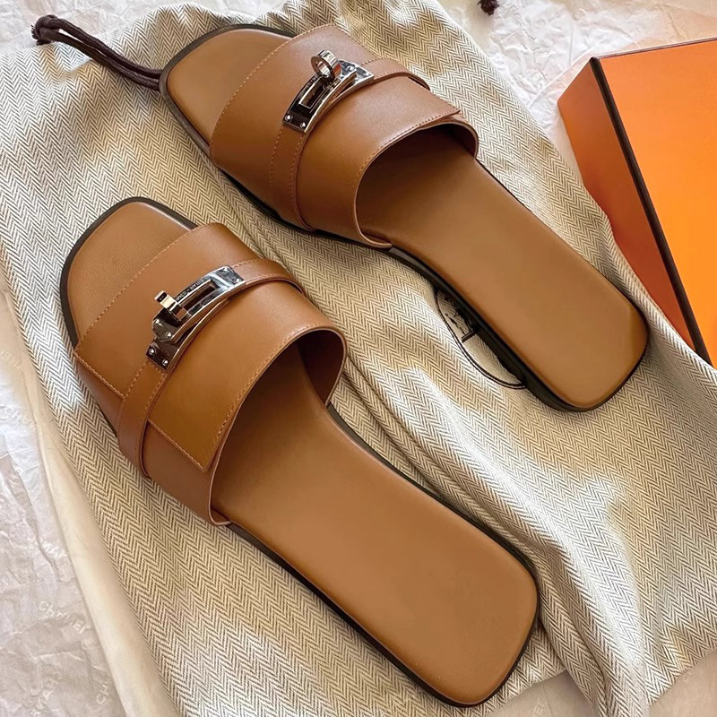 Elegant Square Toe Women's Slides with Metallic Buckle