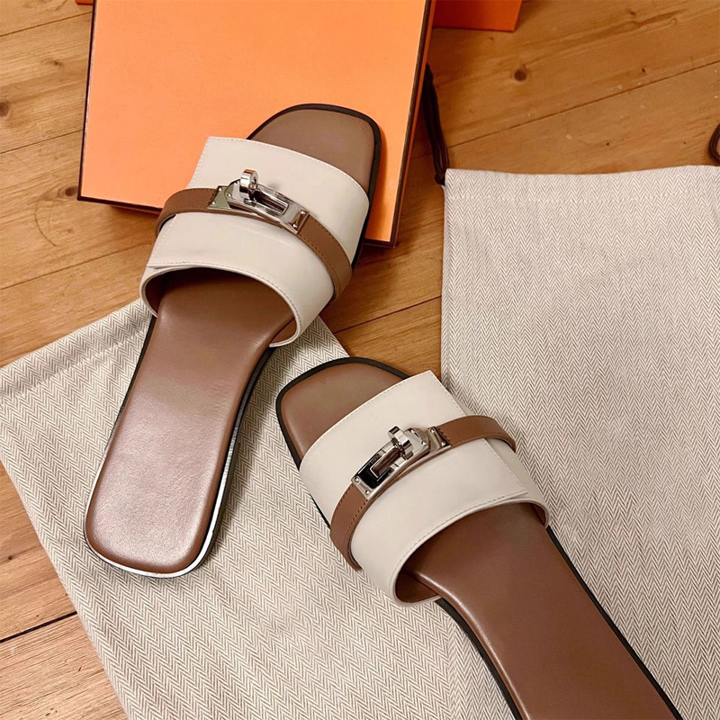 Elegant Square Toe Women's Slides with Metallic Buckle