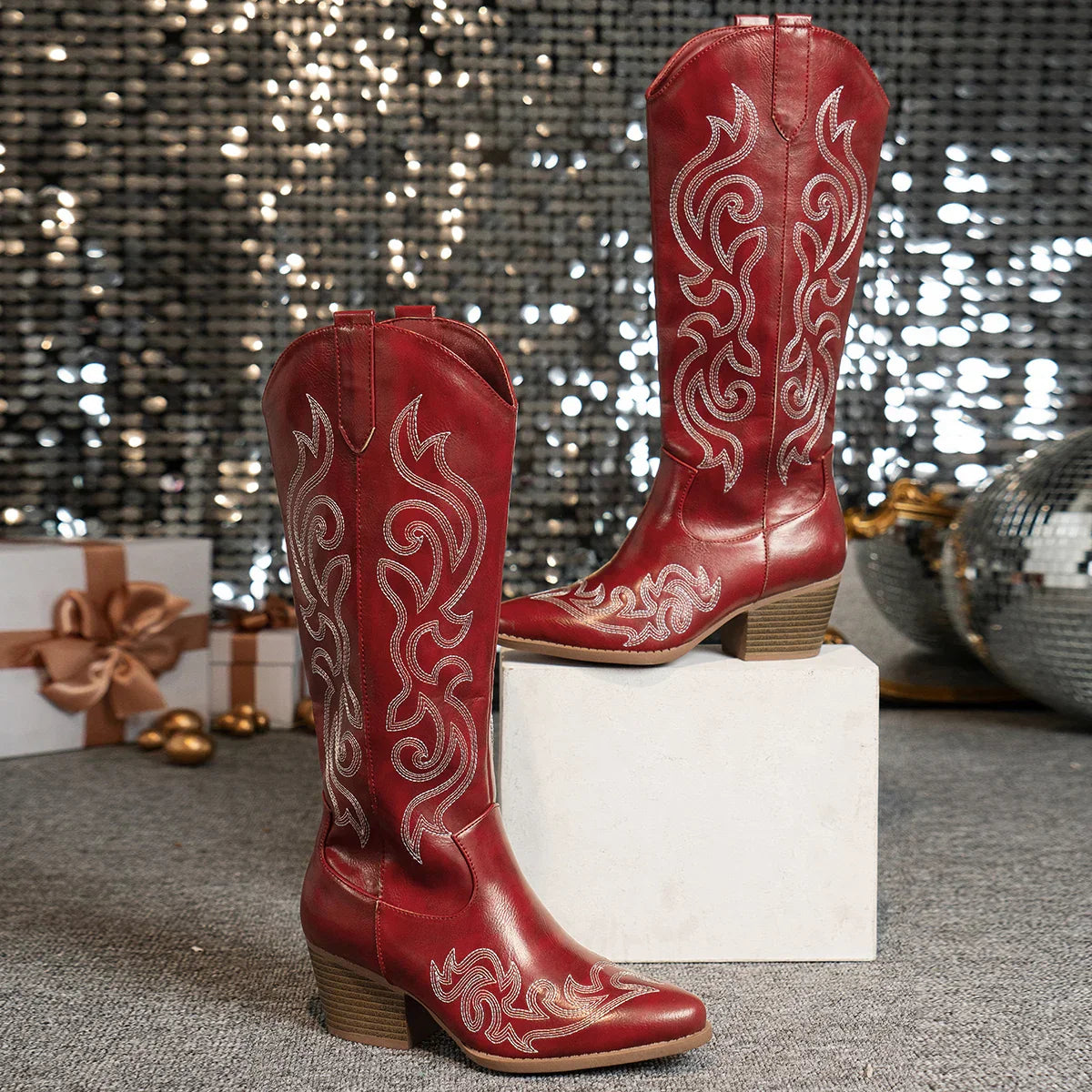 Embroidered Western Ankle Boots with Block Heel