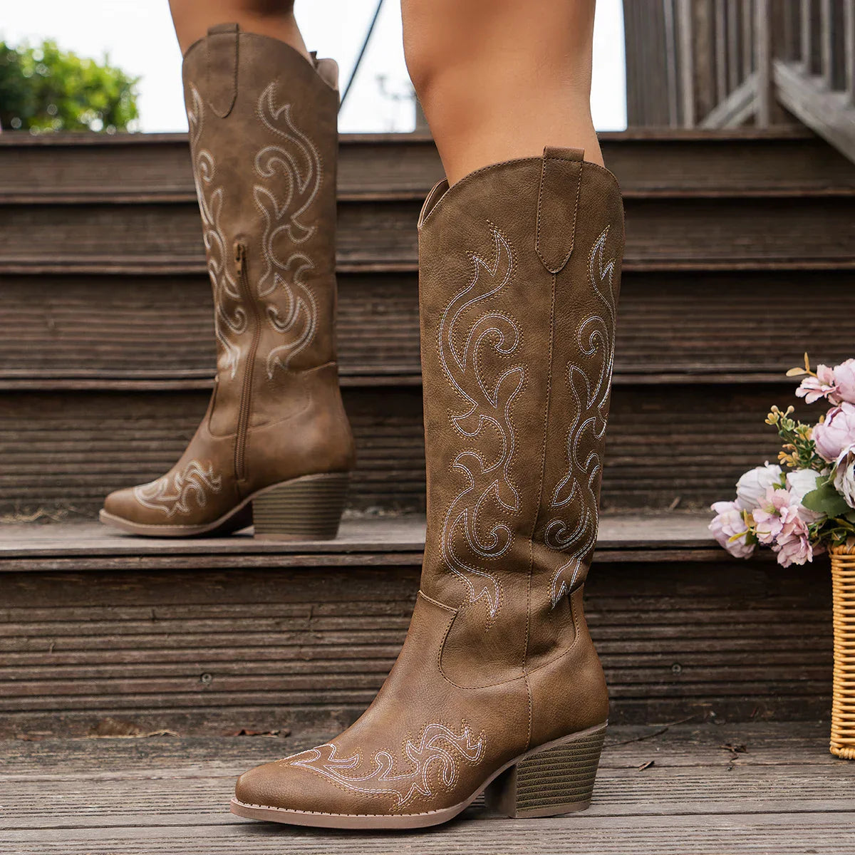Embroidered Western Ankle Boots with Block Heel