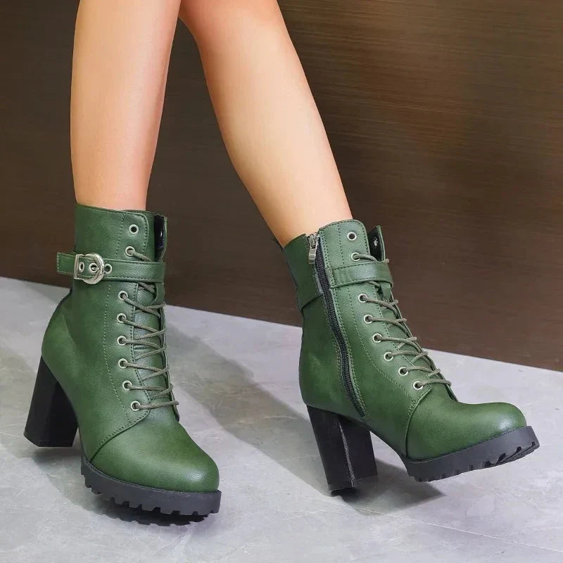 Lace-Up Women's Heeled Combat Boots with Block Heel