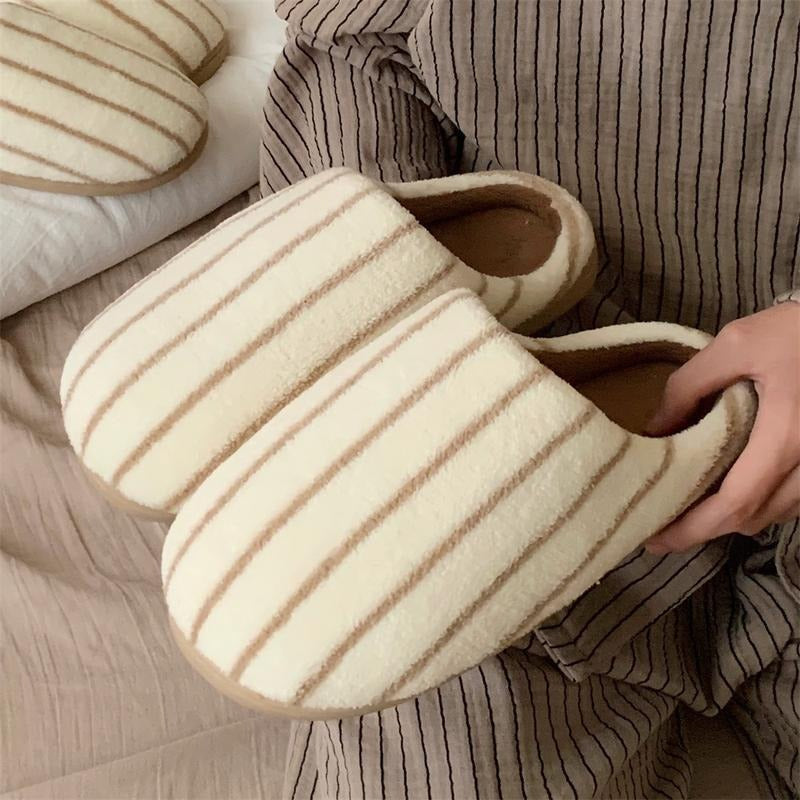 Women's Striped Plush Fleece House Slippers with Cushioned Lining