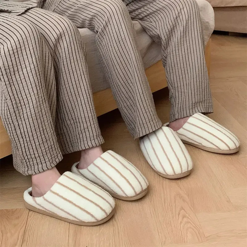 Women's Striped Plush Fleece House Slippers with Cushioned Lining