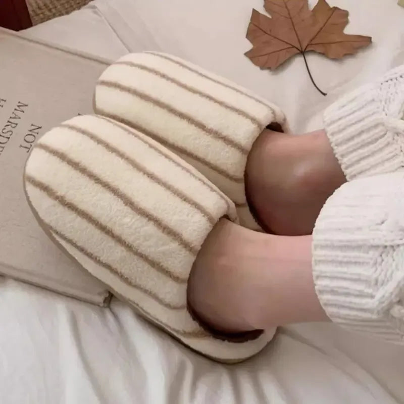 Women's Striped Plush Fleece House Slippers with Cushioned Lining