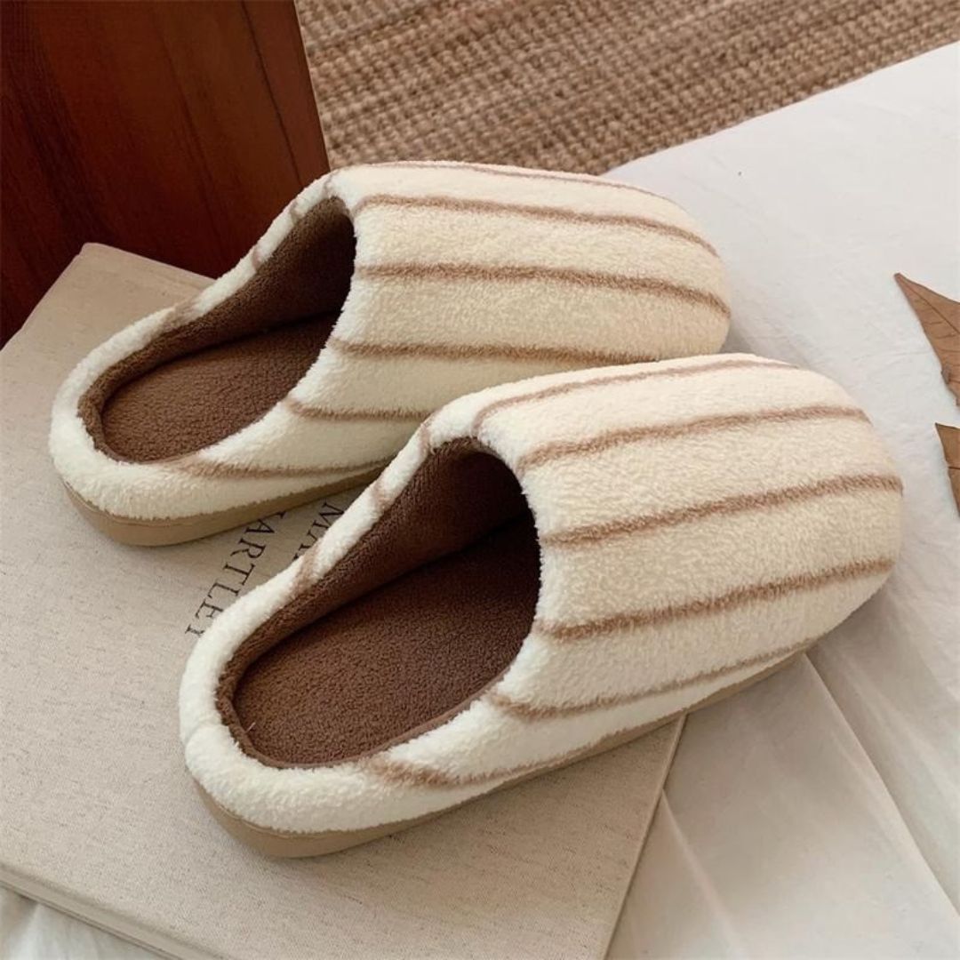 Women's Striped Plush Fleece House Slippers with Cushioned Lining