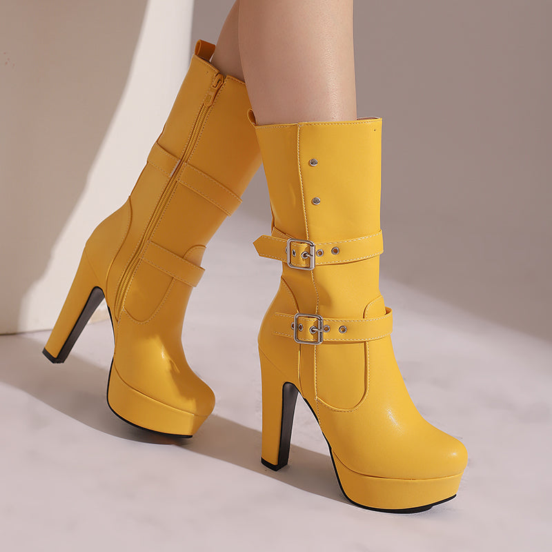 Mid-Calf Heeled Boots with Double Buckles for Women