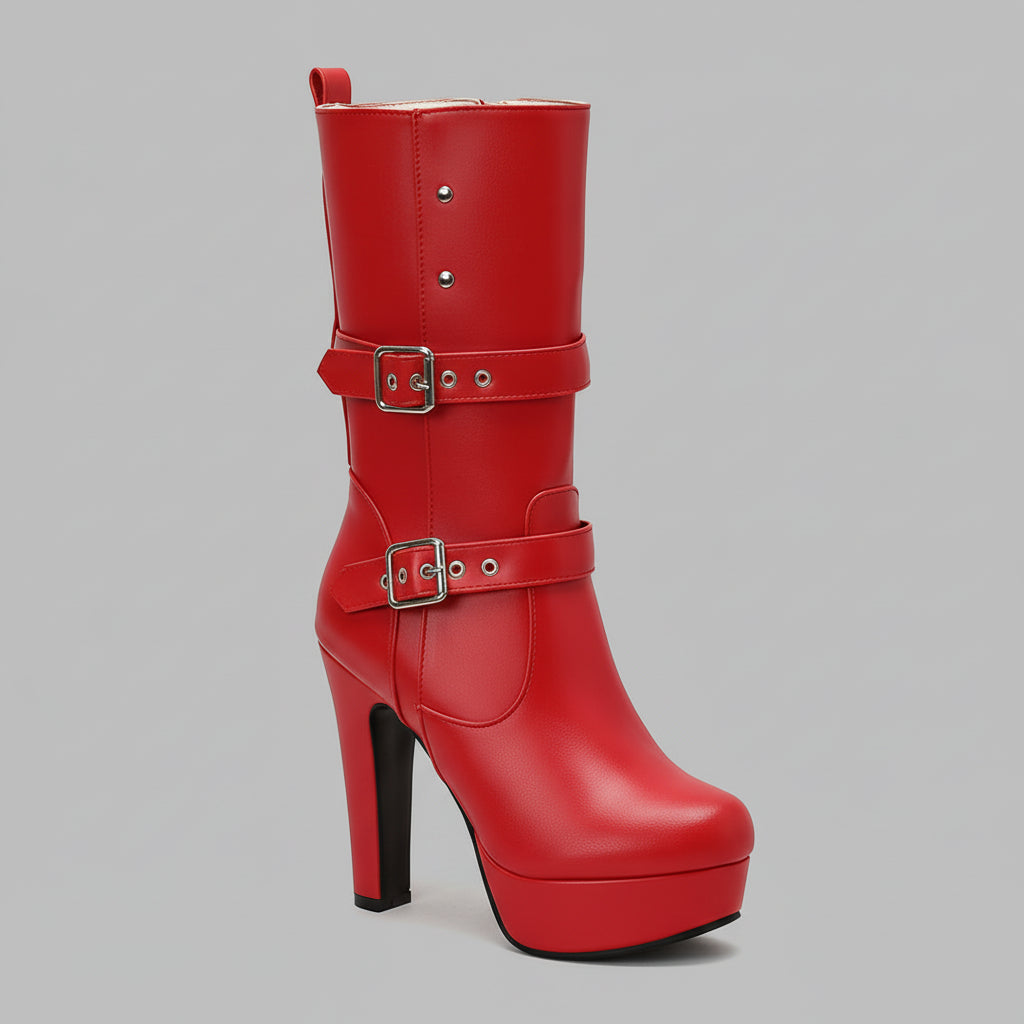 Mid-Calf Heeled Boots with Double Buckles for Women