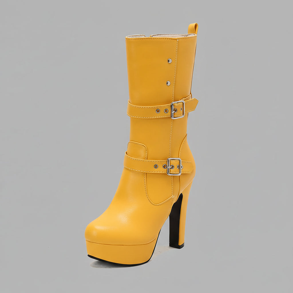 Mid-Calf Heeled Boots with Double Buckles for Women