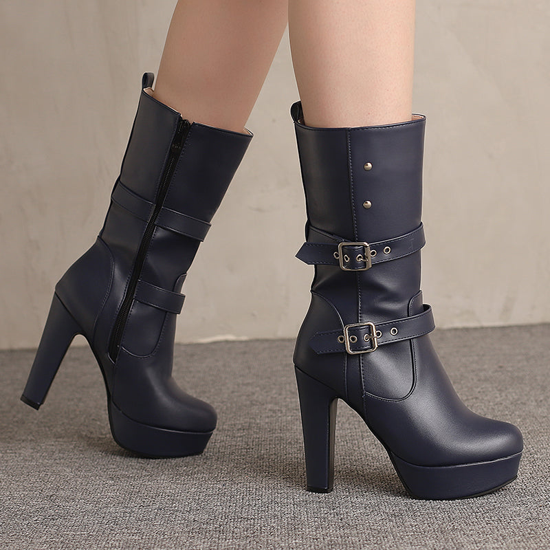 Mid-Calf Heeled Boots with Double Buckles for Women
