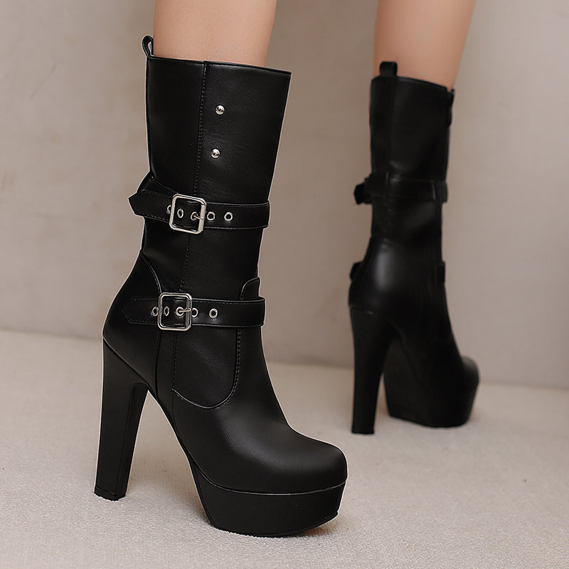 Mid-Calf Heeled Boots with Double Buckles for Women