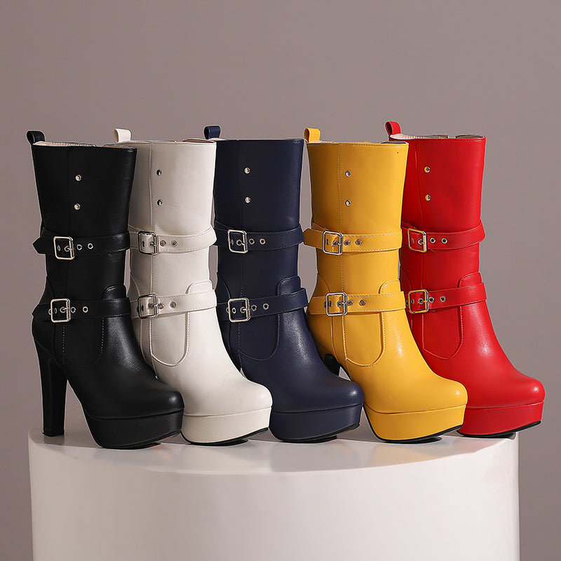 Mid-Calf Heeled Boots with Double Buckles for Women