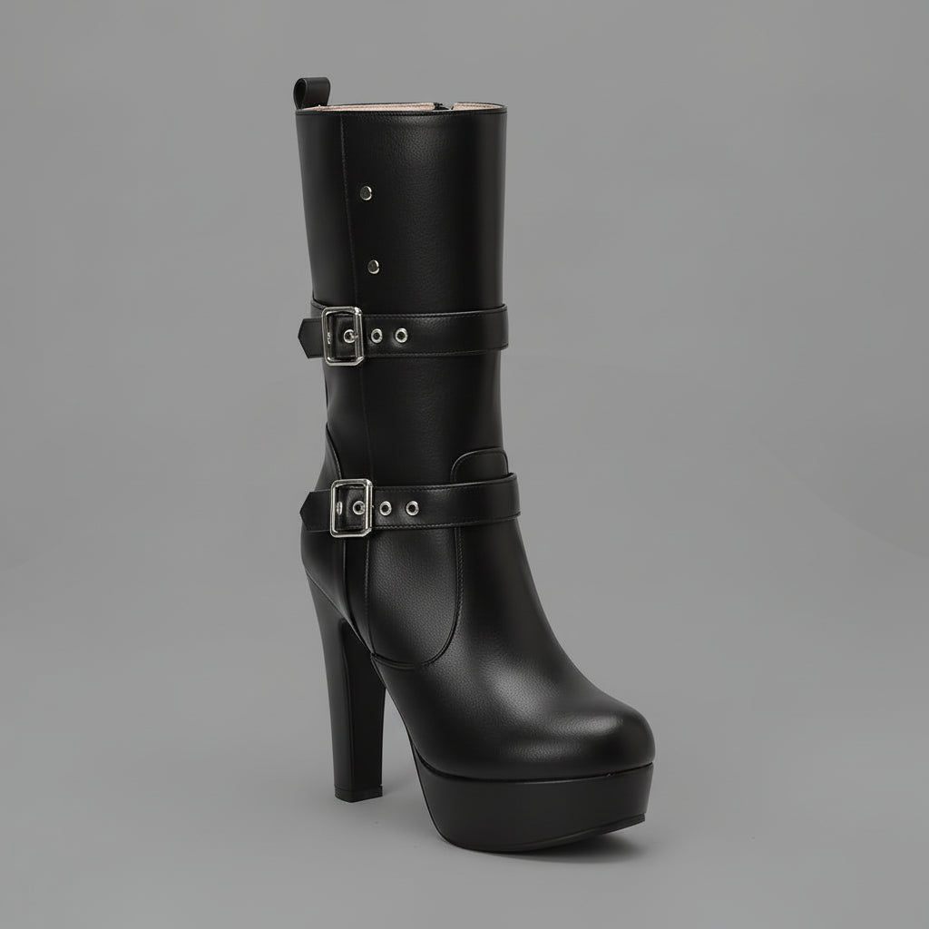 Mid-Calf Heeled Boots with Double Buckles for Women