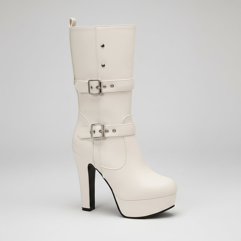 Mid-Calf Heeled Boots with Double Buckles for Women