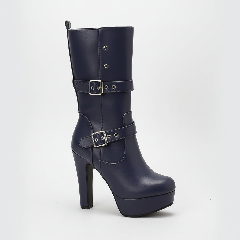 Mid-Calf Heeled Boots with Double Buckles for Women