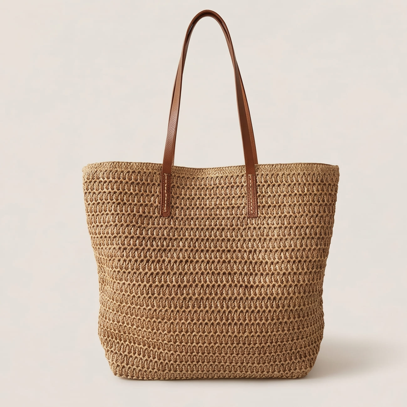Rattan Woven Tote Bag with Leather Straps