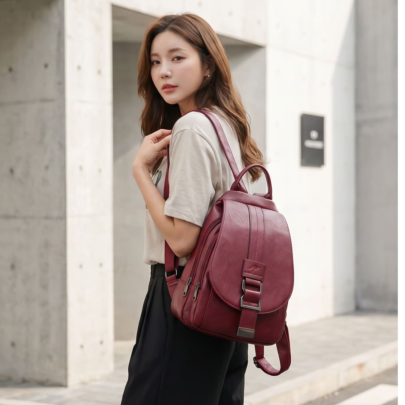 Water-Resistant Genuine Leather Backpack with Anti-Theft Pocket for Women